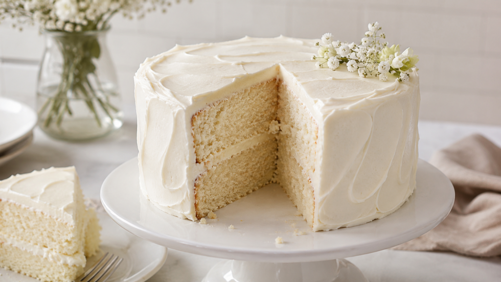 Soft and fluffy white cake made with egg whites, layered with smooth vanilla frosting and topped with delicate white flowers