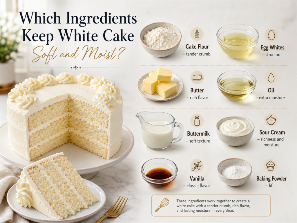 White cake with egg whites beside cake flour, butter, oil, buttermilk, sour cream, vanilla, and baking powder for a soft, moist crumb
