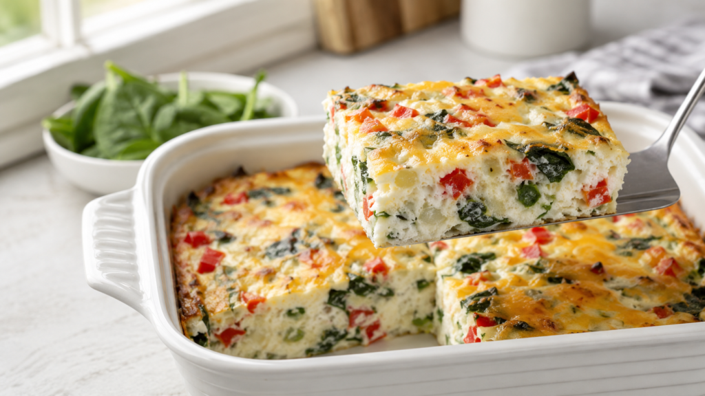 Fluffy egg white casserole with spinach, red bell pepper, onion, and melted cheese in a white baking dish