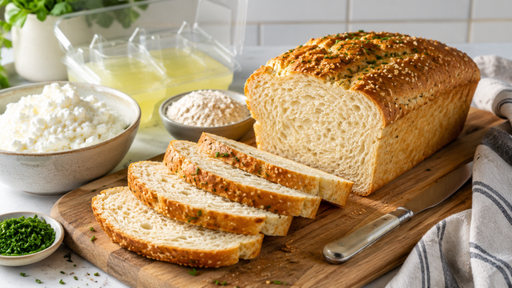 Cottage cheese and egg white bread loaf with sliced pieces on a wooden board