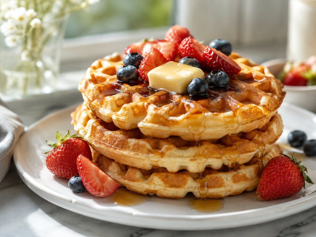 Crispy waffle recipe with egg whites topped with butter, strawberries, blueberries, and maple syrup