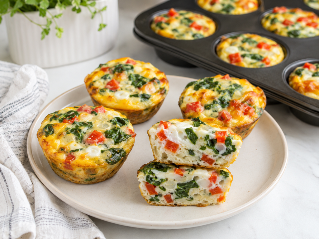 Egg white cups recipe with spinach, red peppers, and melted cheese
