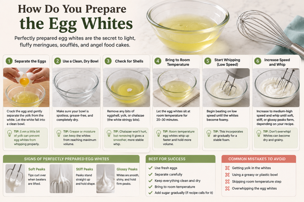 Preparing egg whites step by step using a clean bowl and whisk for fluffy meringues and desserts.