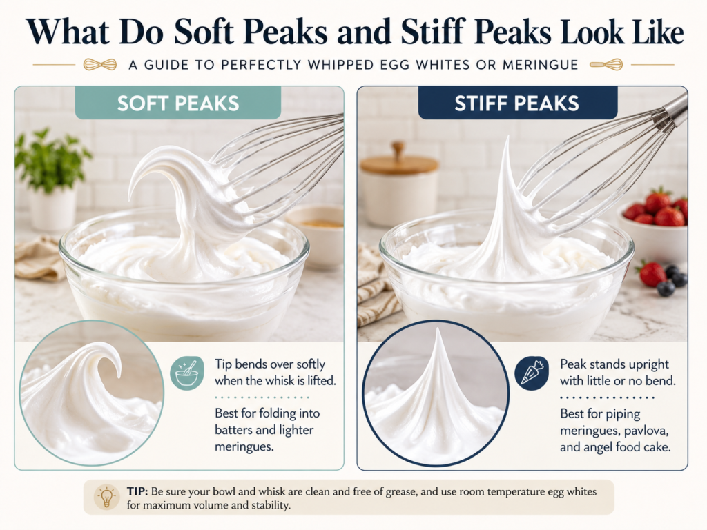 Side-by-side comparison of soft and stiff egg white peaks lifted on a whisk