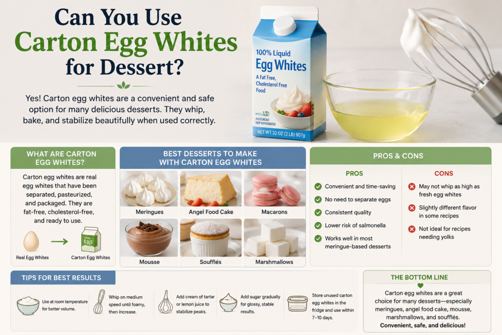 : Carton egg whites beside a bowl and whisk, with dessert examples, benefits, drawbacks, and usage tips.