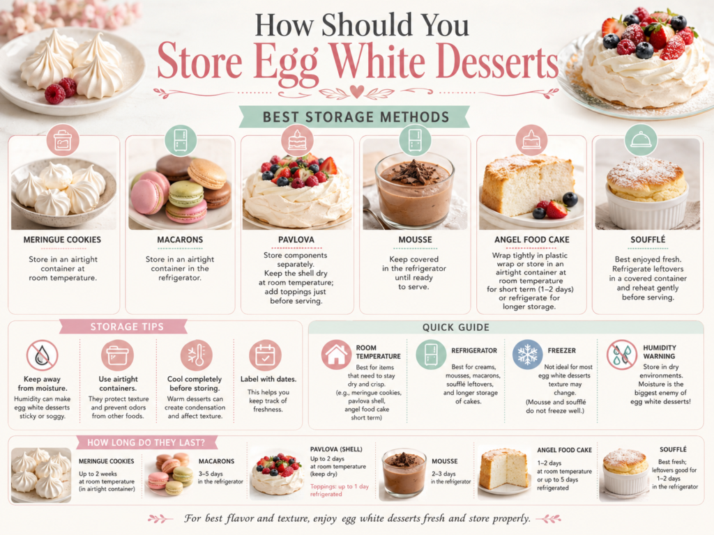 Storage guide for meringue cookies, macarons, pavlova, mousse, angel food cake, and soufflé