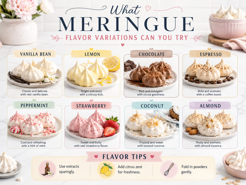 Eight meringue flavors: vanilla, lemon, chocolate, espresso, peppermint, strawberry, coconut, and almond.