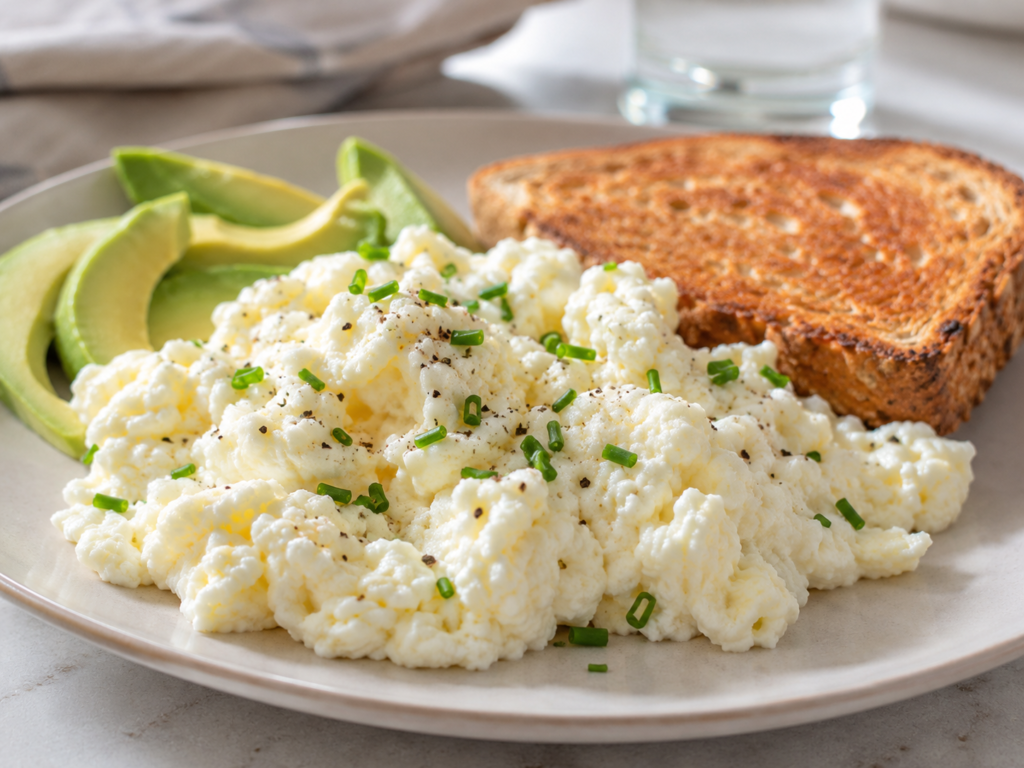 Fluffy egg white scrambled eggs with avocado and toast