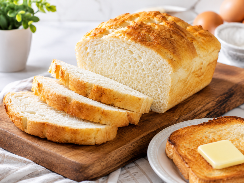 Fluffy egg white keto bread loaf with sliced pieces and toasted bread topped with butter