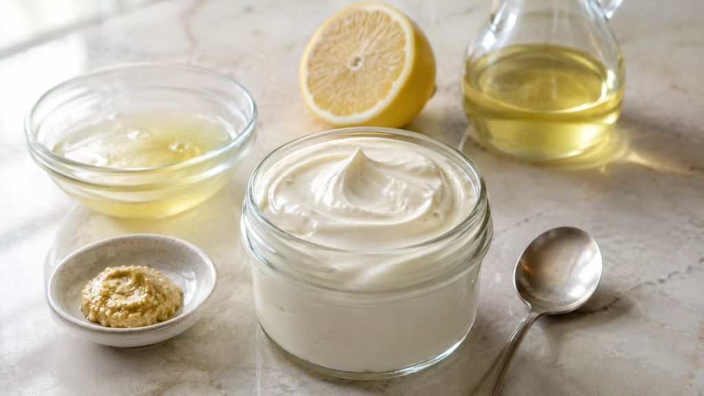Creamy egg white mayonnaise with lemon, mustard, and oil