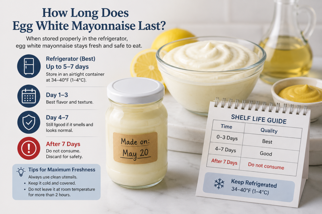 Egg white mayonnaise stored in an airtight jar with a 5–7 day refrigerated shelf-life guide.