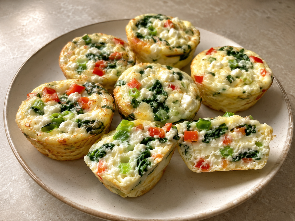 : Egg white muffins with spinach, red bell pepper, scallions, and feta on a ceramic plate