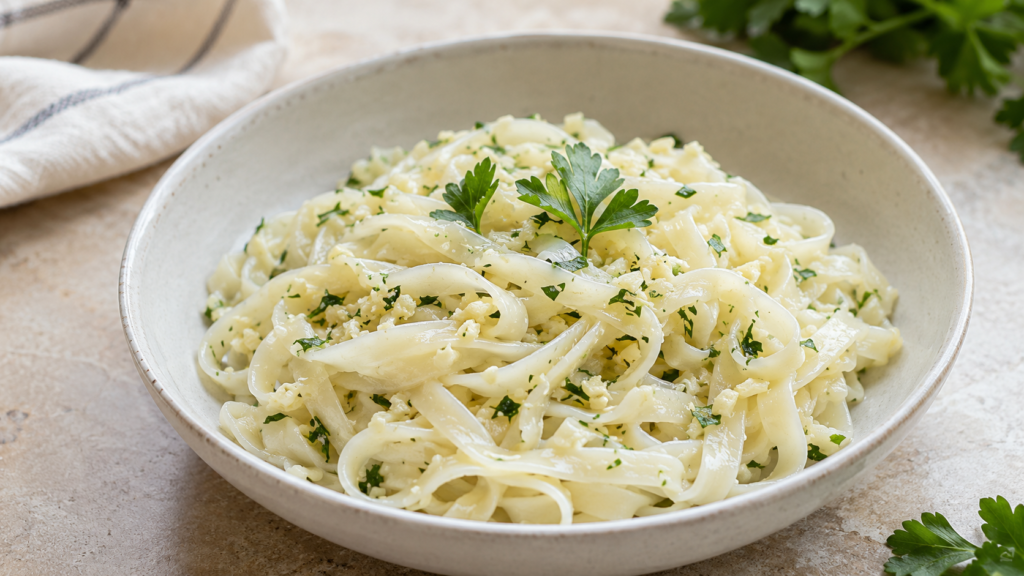 Homemade egg white noodles with garlic and fresh parsley