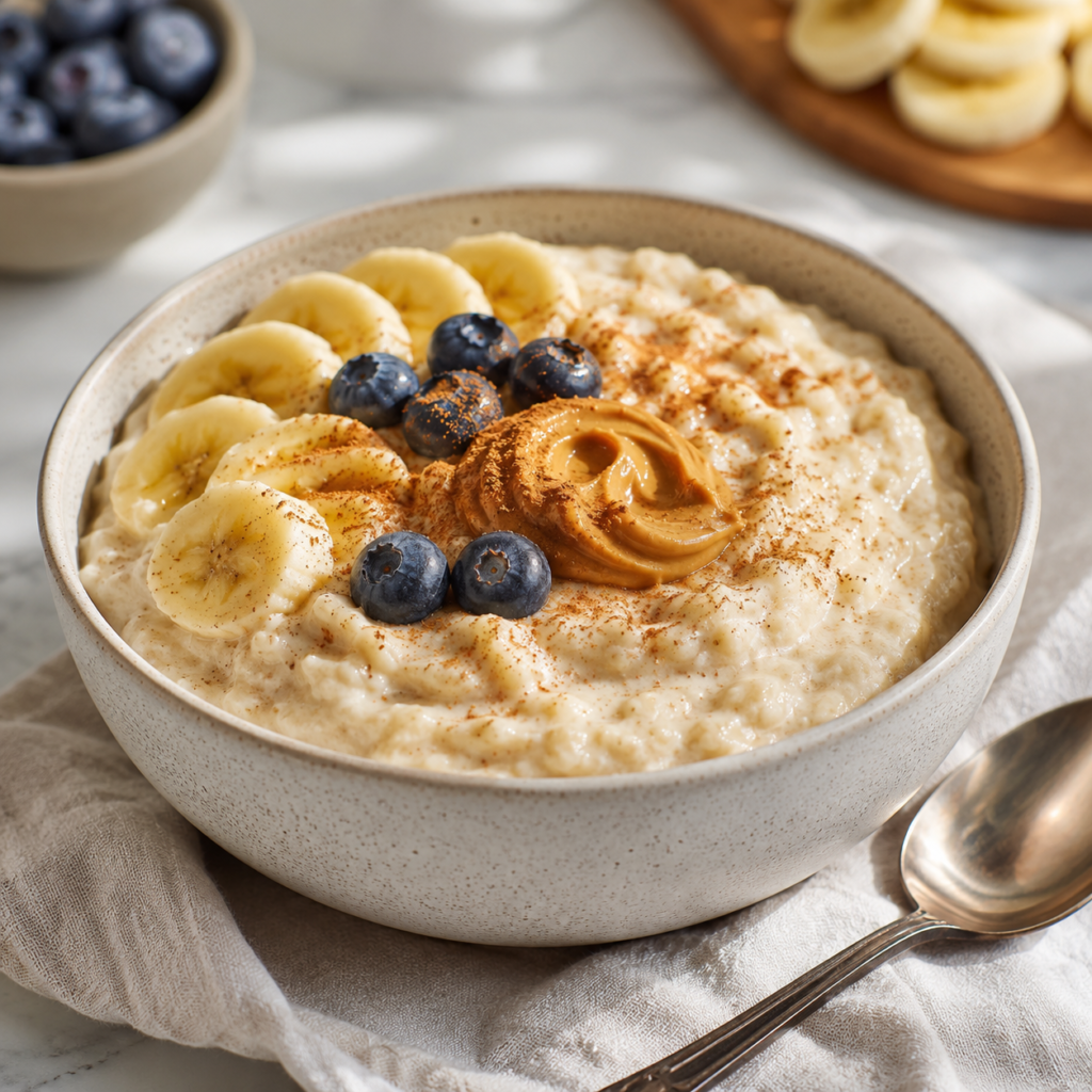 Oatmeal and egg white recipe with banana and blueberries