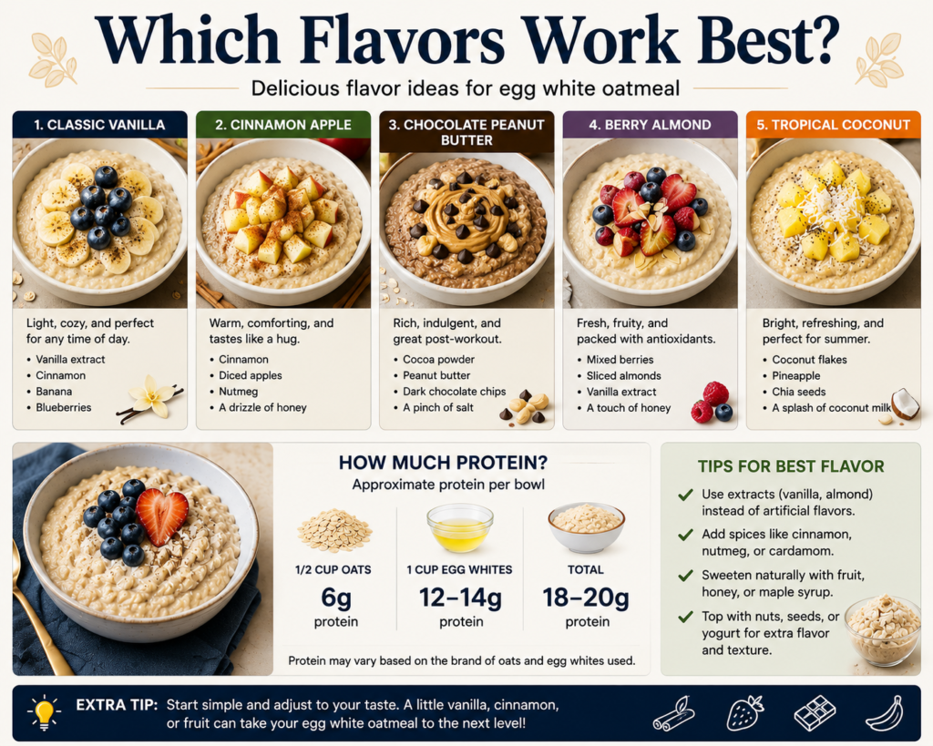 Egg white oatmeal flavors with vanilla, apple, chocolate, berries, and coconut