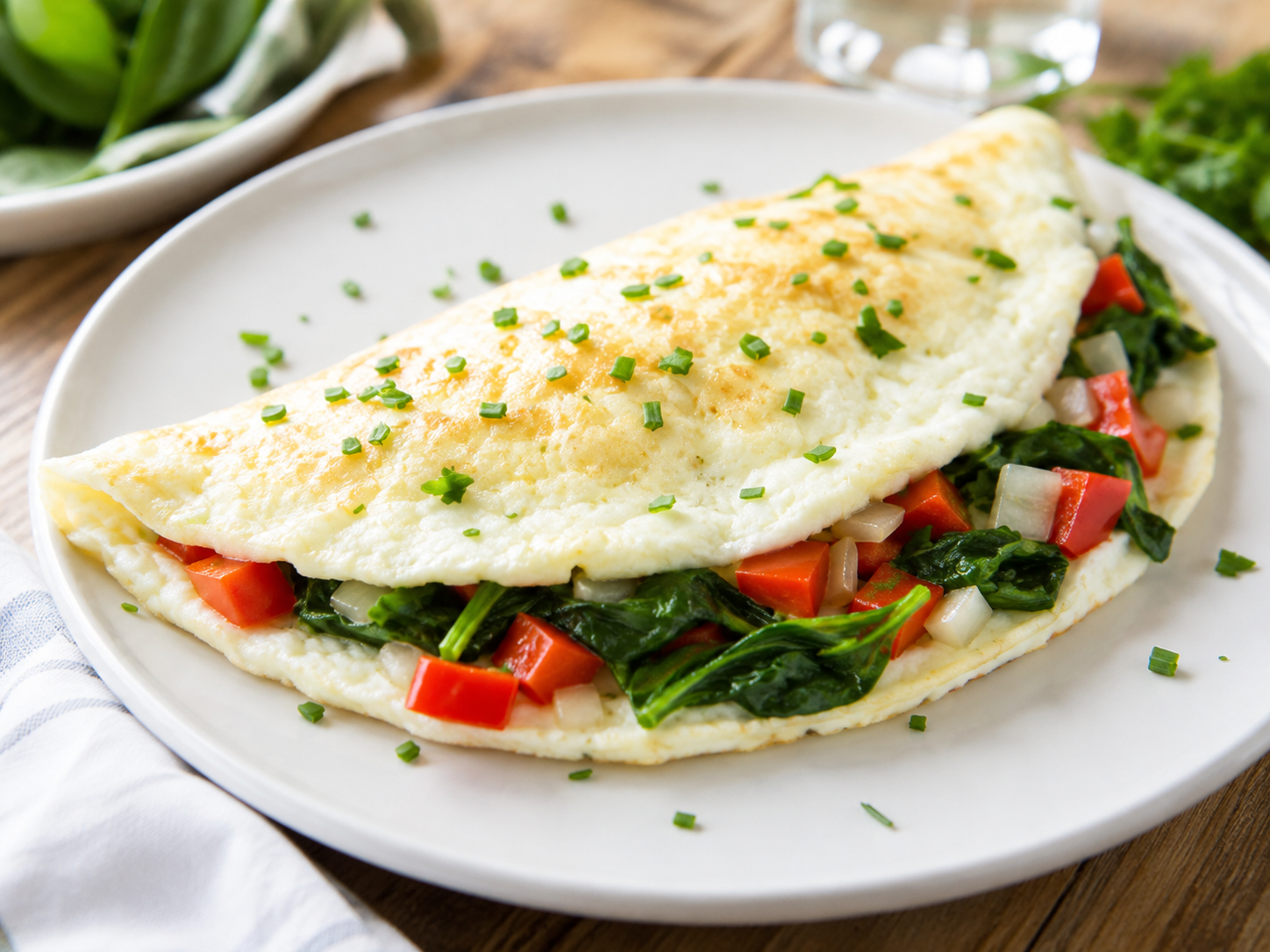 Easy egg white omelet with spinach, red bell pepper, and onion