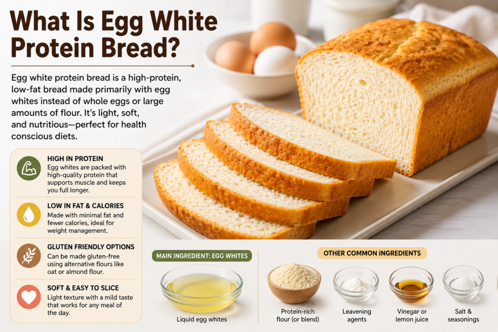 Egg white protein bread loaf with soft slices and simple ingredients.