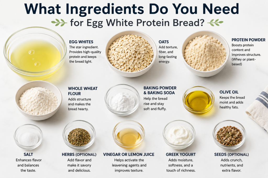 ingredients s for egg white protein bread arranged in bowls, including egg whites, flour, oats, and leavening agents.
