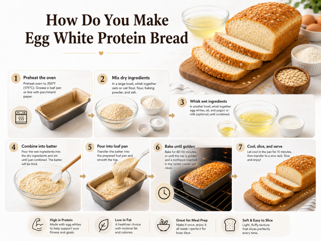 Step-by-step process for making egg white protein bread, from mixing ingredients to baking and slicing.