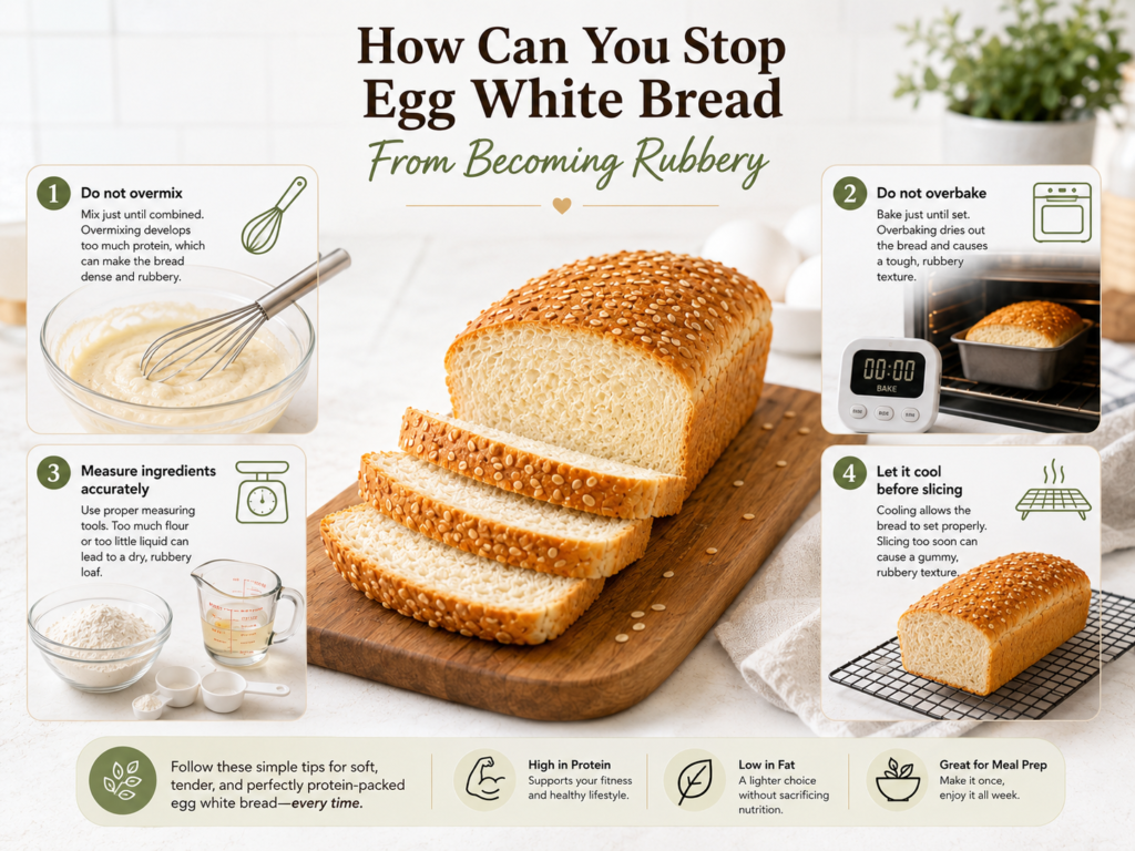 Tips to prevent egg white protein bread from becoming rubbery, including gentle mixing, accurate measuring, proper baking, and cooling before slicing