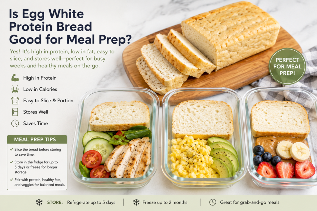 Egg white protein bread sliced beside healthy meal-prep containers with chicken, eggs, avocado, fruit, and vegetables.