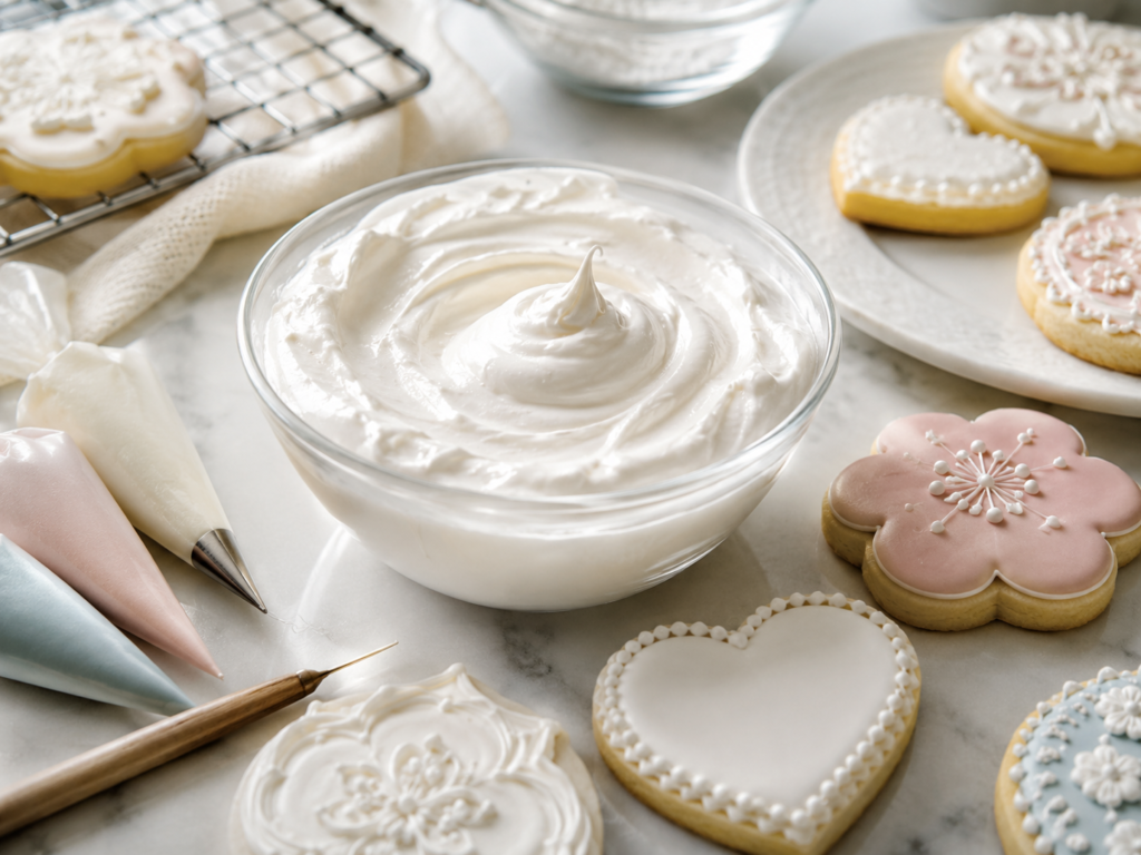 Royal icing with egg whites in a glass bowl with decorated cookies and piping bags