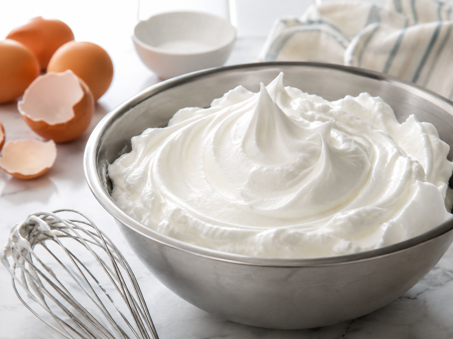 Whipped egg white recipe with smooth glossy stiff peaks in a mixing bowl