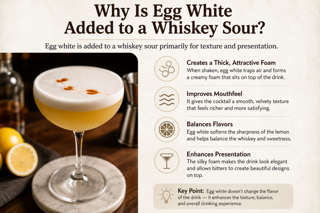Whiskey sour with thick egg-white foam and icons explaining improved texture, flavor balance, and presentation