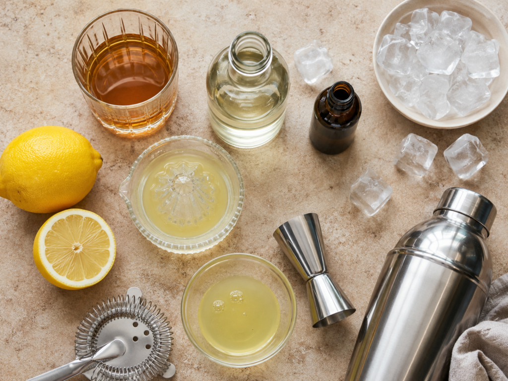 Whiskey sour ingredients with bourbon, lemon juice, simple syrup, egg white, bitters, ice, and cocktail tools