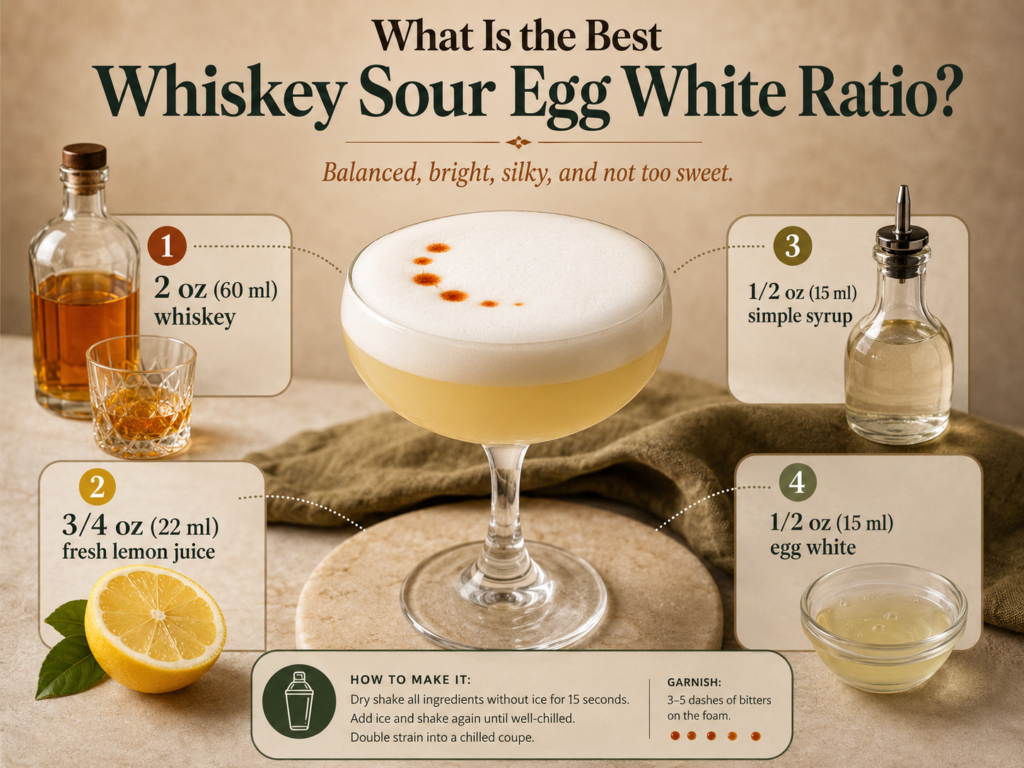 Whiskey sour ratio infographic showing whiskey, lemon juice, simple syrup, and egg white measurements.