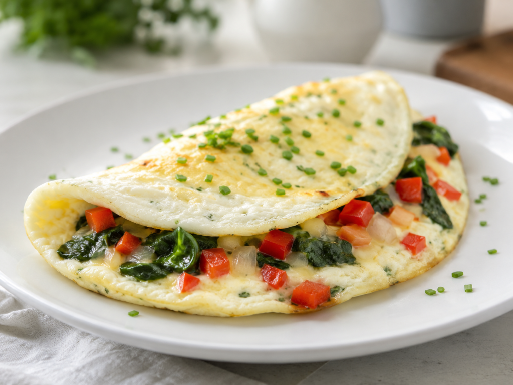 Fluffy egg white vegetable omelet with spinach, red pepper, and onion