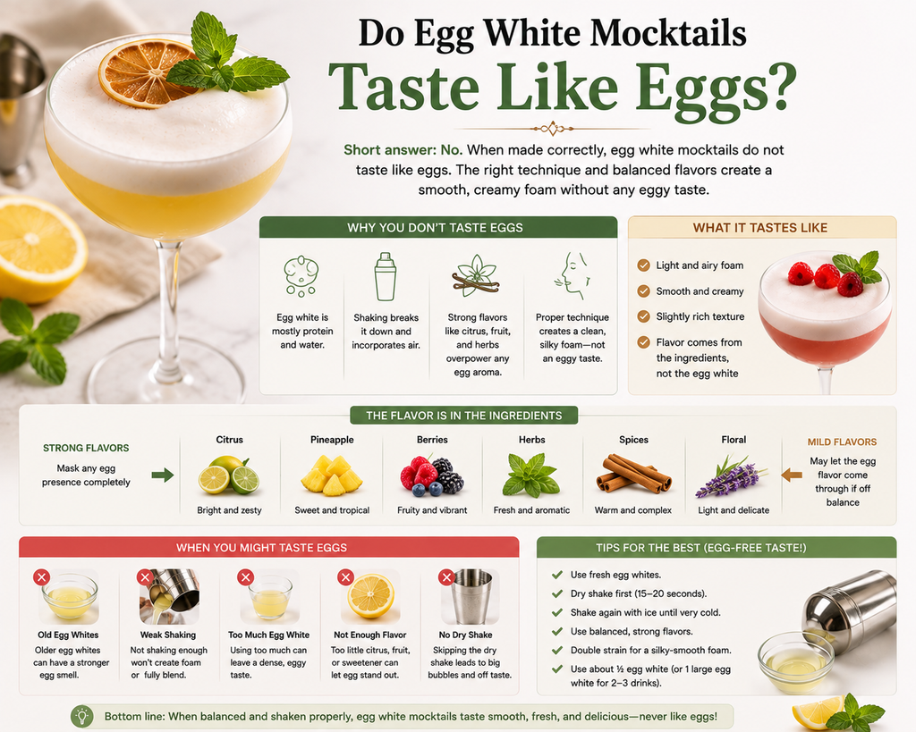 Egg white mocktails with thick foam, citrus, fruit, and herbs, showing how balanced flavors and proper shaking prevent an eggy taste.