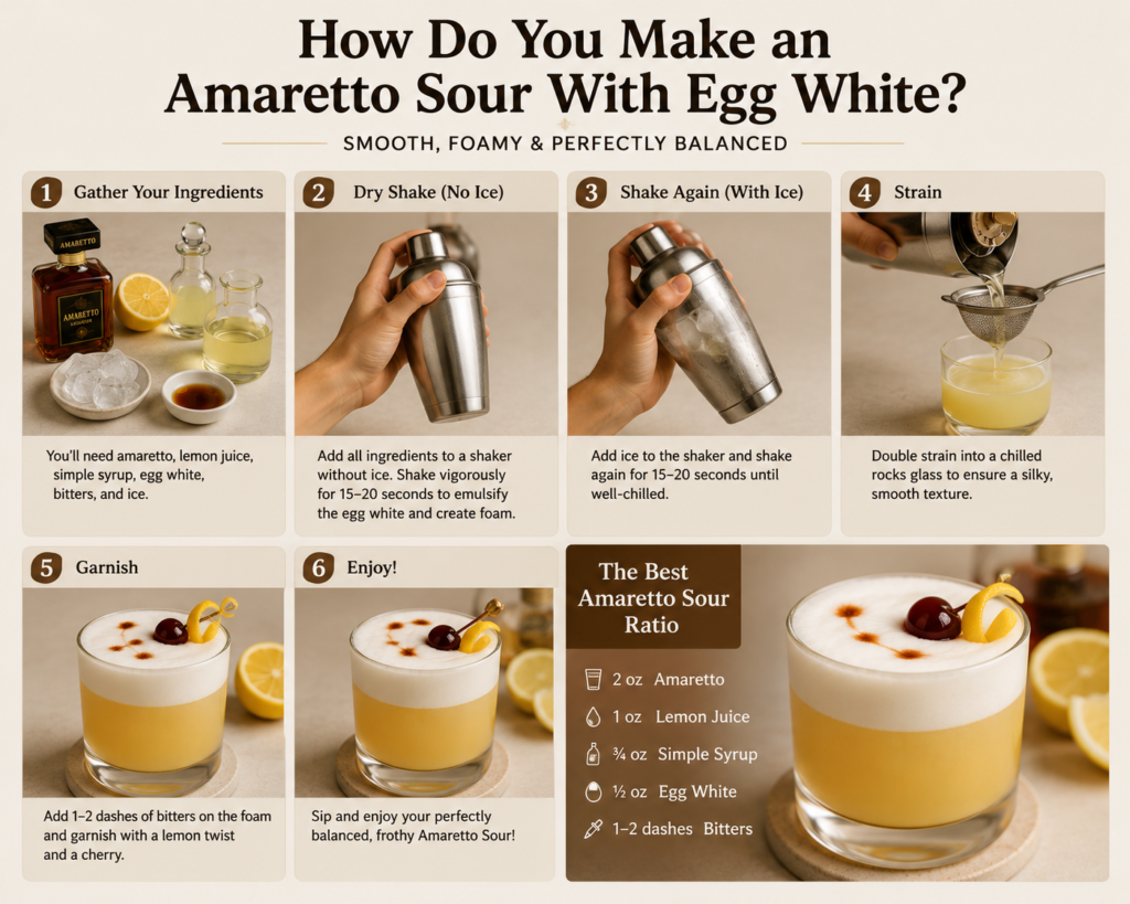 Alt text: Step-by-step guide showing how to make an Amaretto Sour with egg white using dry shaking, ice, straining, bitters, and garnish.