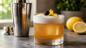 Amaretto sour with egg white, thick frothy foam, lemon twist and cherry garnish