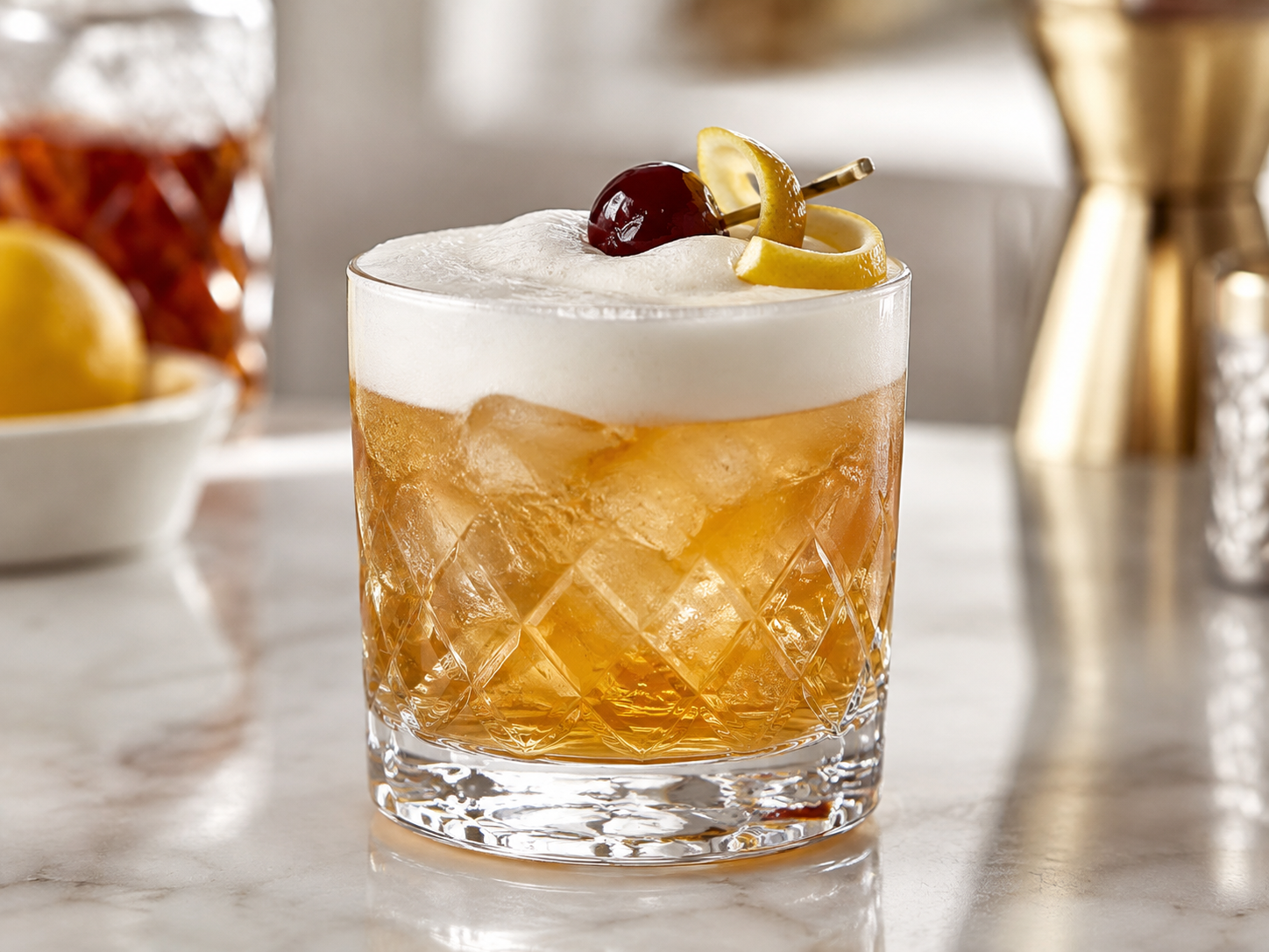 Amaretto Sour with egg white foam, lemon twist and cherry