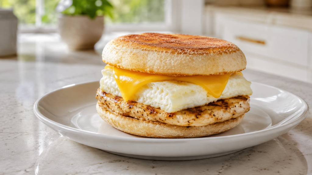 Chick-fil-A Egg White Grill copycat with grilled chicken, fluffy egg whites, melted cheese, and a toasted English muffin