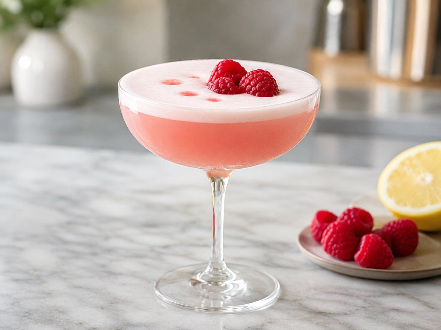 Clover Club cocktail with gin, raspberry, lemon and egg white foam