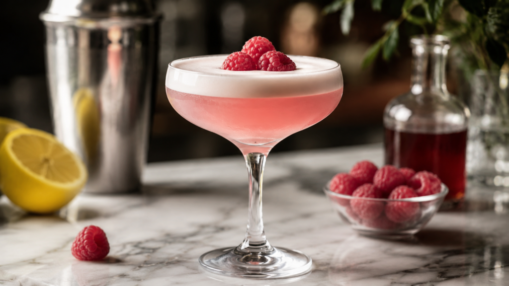 Clover Club cocktail with gin, raspberry, lemon, and thick egg white foam