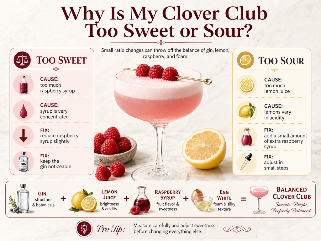 Clover Club cocktail balance guide showing how raspberry syrup and lemon juice affect sweetness and sourness