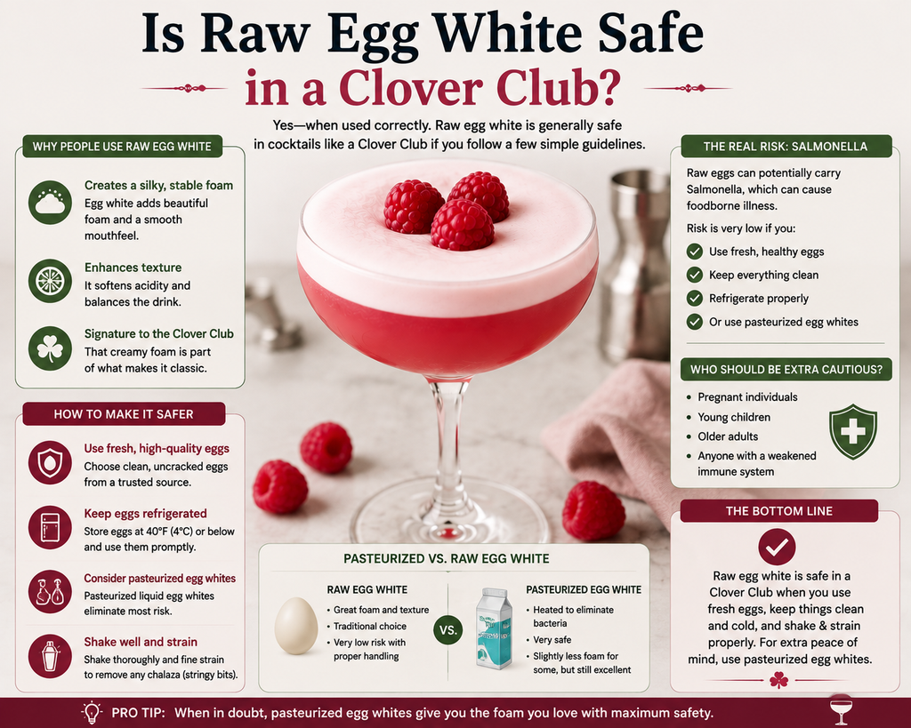 Clover Club cocktail with raw and pasteurized egg white safety tips for reducing Salmonella risk