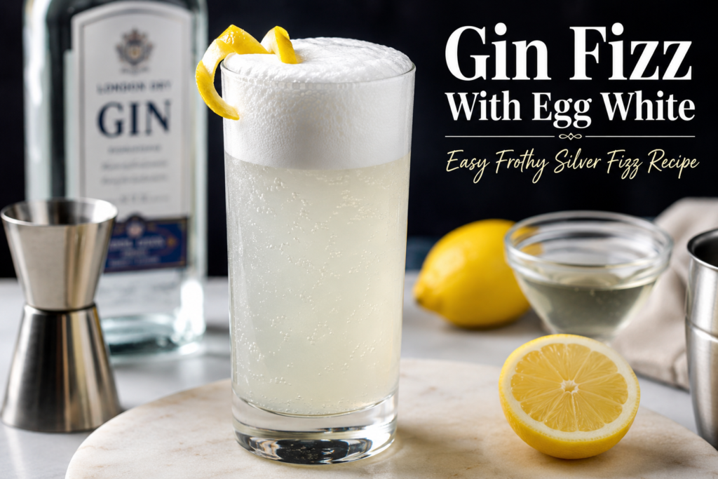 Gin fizz with egg white topped with frothy foam and lemon twist