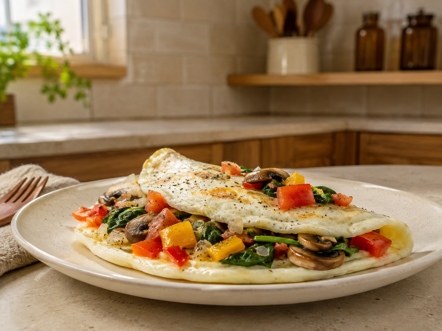 Healthy vegetable egg white omelet with spinach, mushrooms, peppers, and tomatoes