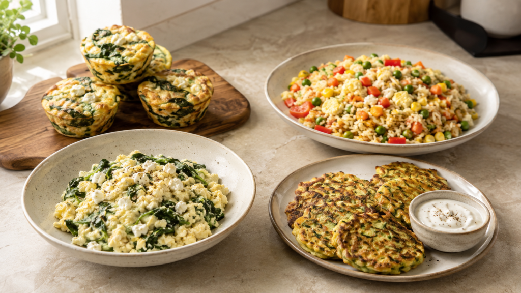 Savoury recipes using egg whites, including spinach feta muffins, vegetable fried rice, egg white scramble and courgette fritters