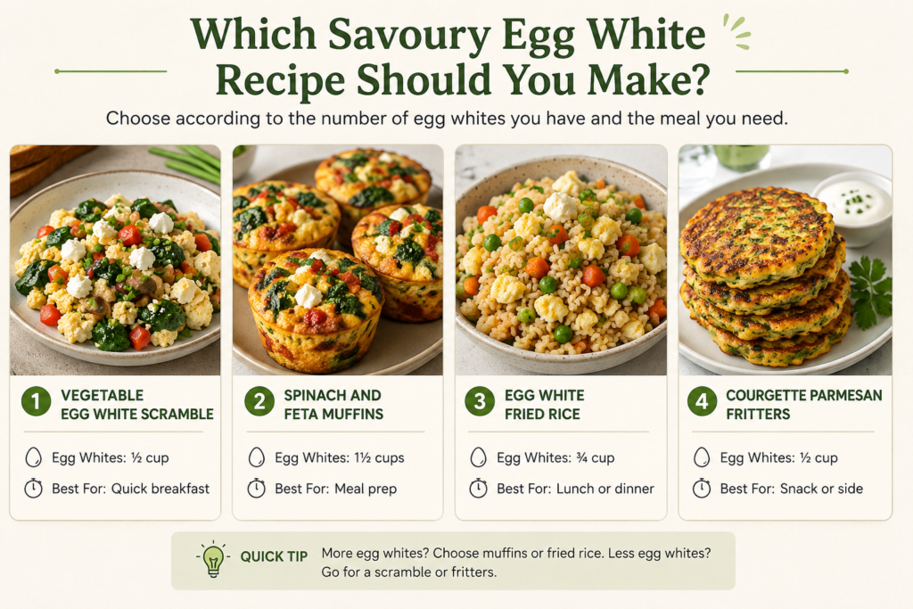 Comparison of four savoury egg white recipes: vegetable scramble, spinach feta muffins, egg white fried rice and courgette Parmesan fritters.