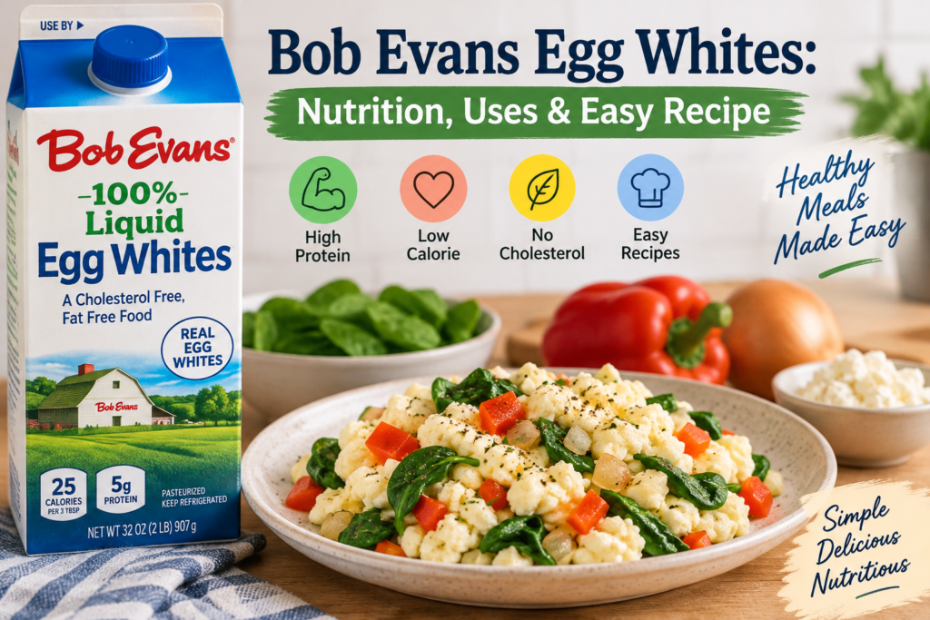 Bob Evans liquid egg whites with a vegetable egg white scramble, spinach, bell pepper, and nutrition highlights.