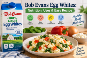 Bob Evans liquid egg whites with a vegetable egg white scramble, spinach, bell pepper, and nutrition highlights.
