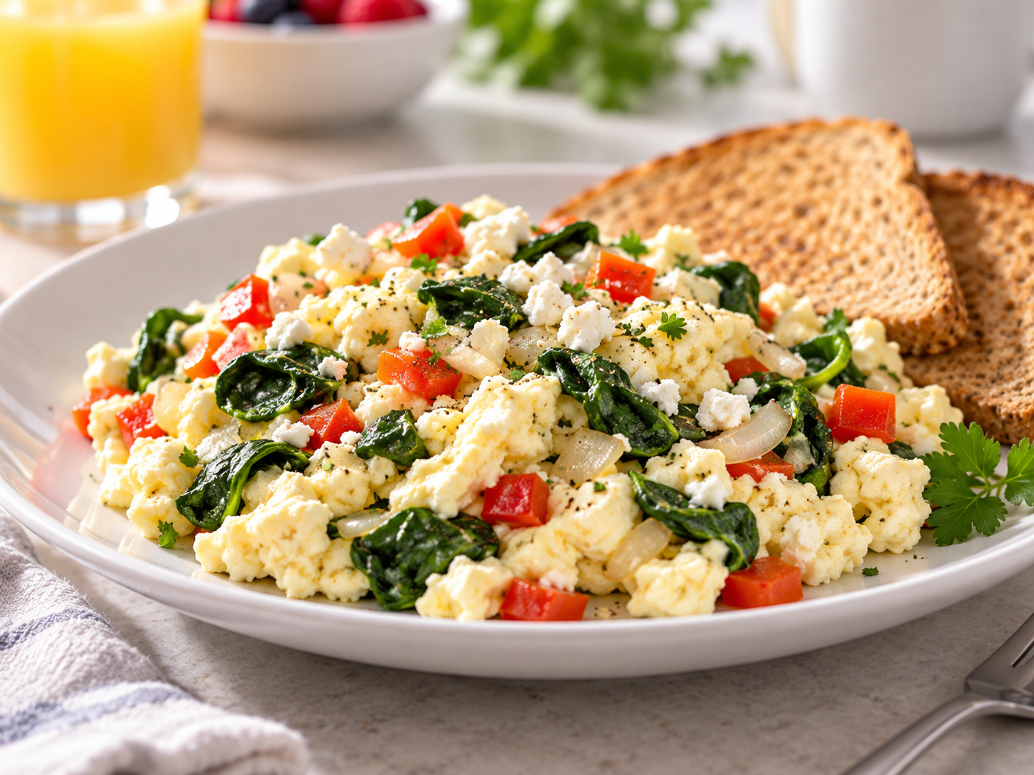 Plate of fluffy Bob Evans egg white veggie scramble with spinach, red bell pepper, onion, and crumbled feta, served with toast on a light breakfast table.