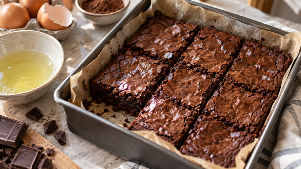 Fudgy brownie recipe with egg whites in a parchment-lined baking pan