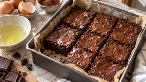 Fudgy brownie recipe with egg whites in a parchment-lined baking pan