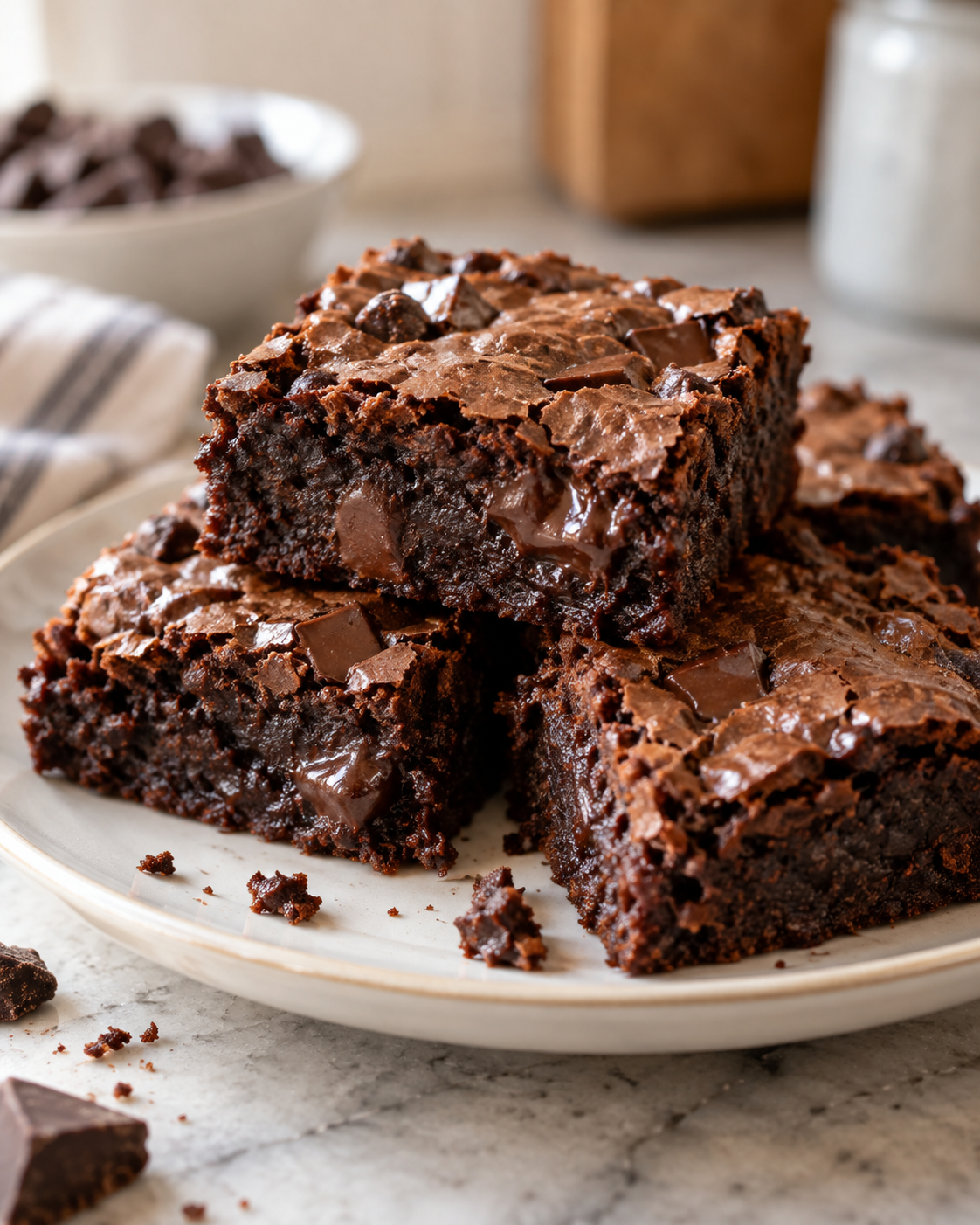 Stack of rich fudgy egg white brownies with crackly tops and melted chocolate chunks on a ceramic plate
